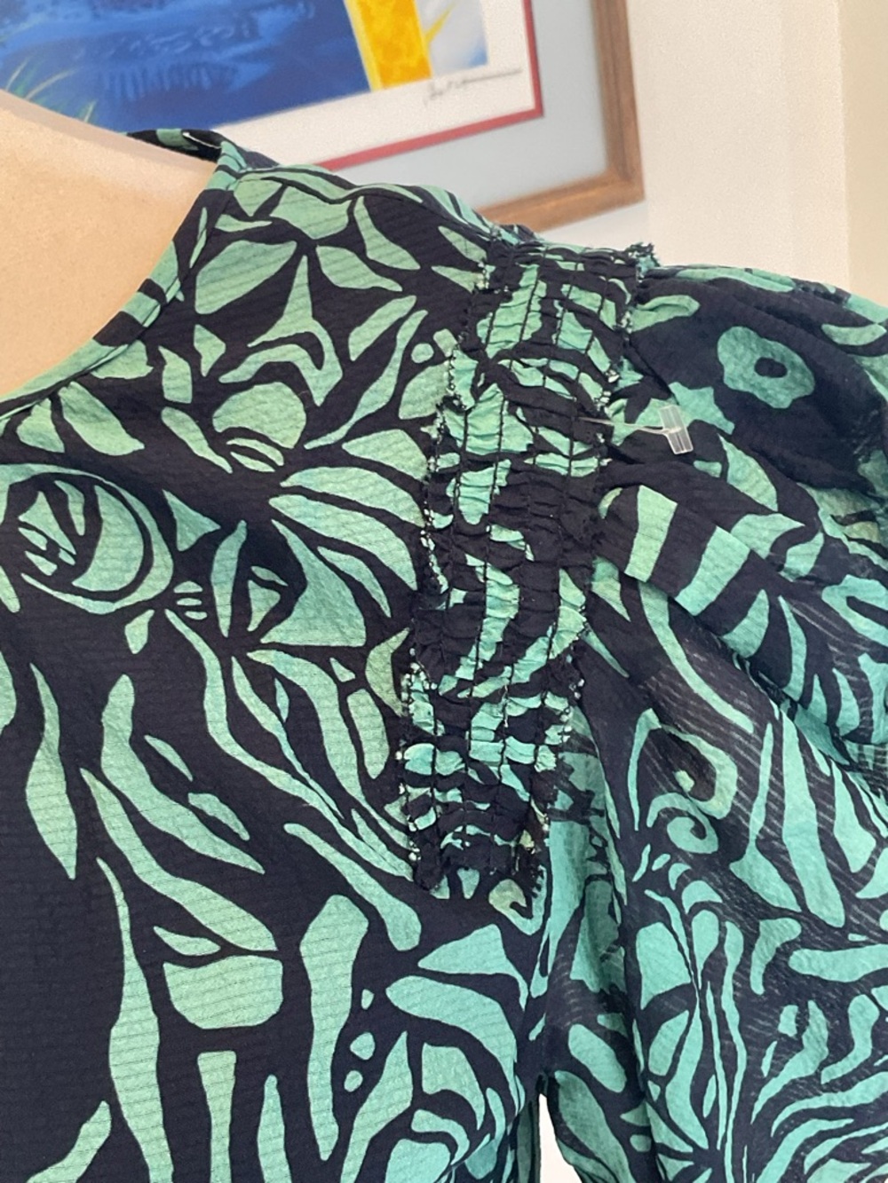 SILK Tanya Taylor Teal and Black Floral Long-Sleeve Dress - Picture 6 of 12
